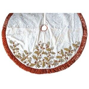 Vintage 56” Beaded & Sequined Christmas Tree Skirt Cream & Gold Crushed Velvet